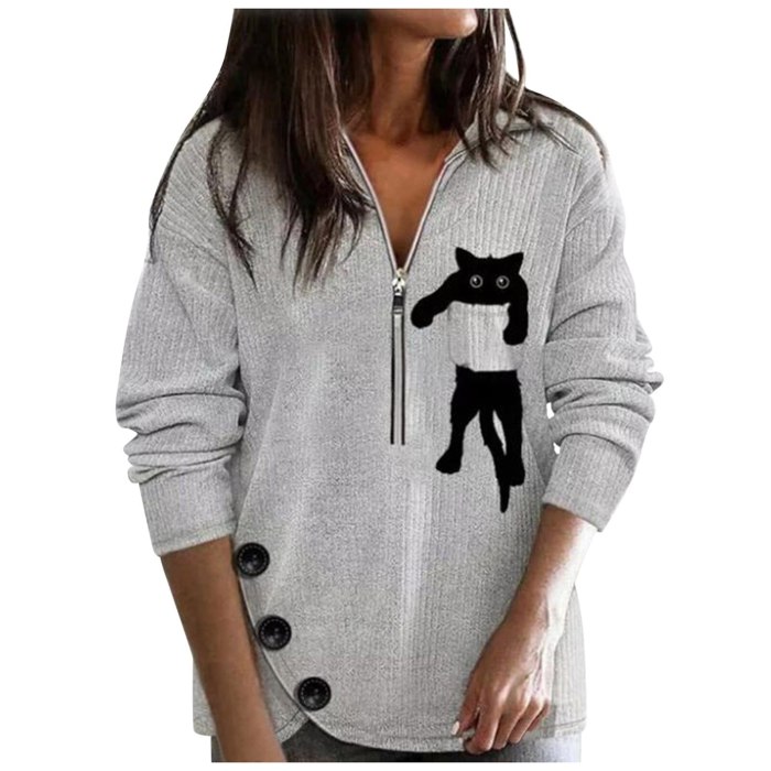 Women Sweaters Lapel Cat Zipper Long-sleeved Top