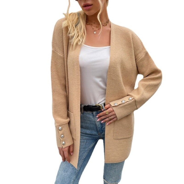 2021 autumn and winter new European and American sweater women pure color casual mid-length knitted cardigan