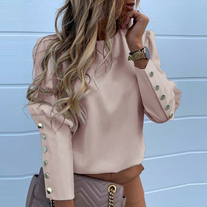 Work Wear Women Blouses Long Sleeve Back Metal Buttons Shirt Casual O Neck Printed Plus Size Tops Fall Blouse
