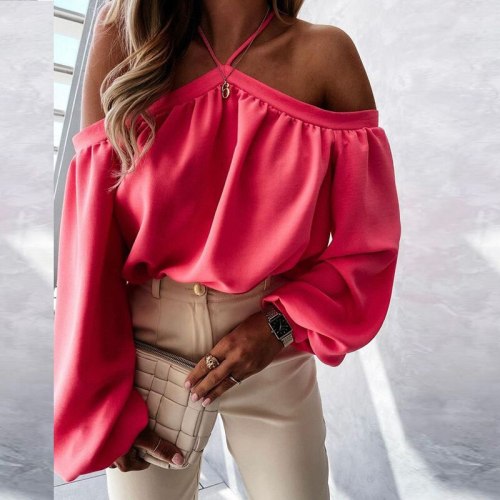 2021 Spring Summer Fahsion Solid Color Long-Sleeved Hanging Neck Ladies T-Shirt Stitching Top Women Off Shoulder Woman Tshirts