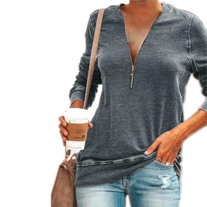 Plus Size Tshirts Women Sexy V-Neck Solid T-shirt Long Sleeve Half Zipper Casual Thick Pullover Tops XS-5XL Autumn Clothing 2020