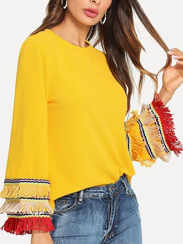 Fashion Tassel Long Bell Sleeve Blouses