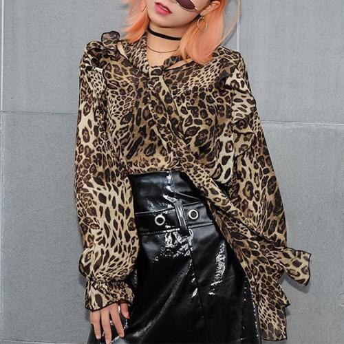 Leopard Print With Ruffled Long Sleeves Blouses