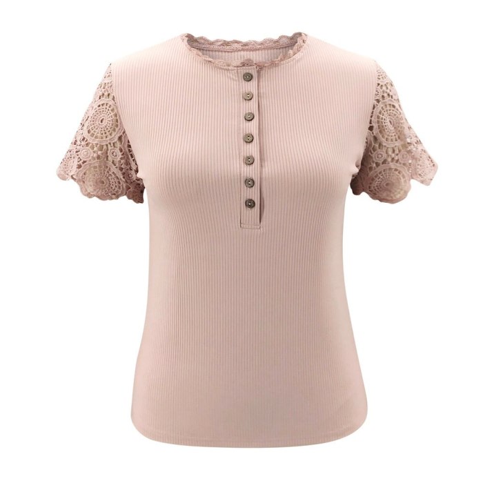2021 Elegant Lace Slim T-Shirt Women Summer Short Sleeve Top Solid Color Knitted Tee Shirt Femme Patchwork Button Tops
