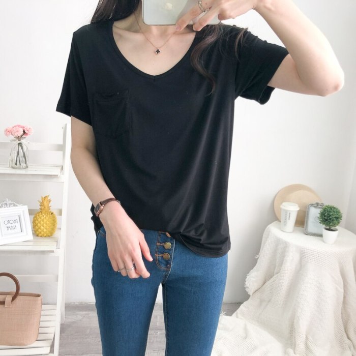 Large size modal loose short-sleeved t-shirt women summer thin section V-neck half-sleeved soft and cool Modal top
