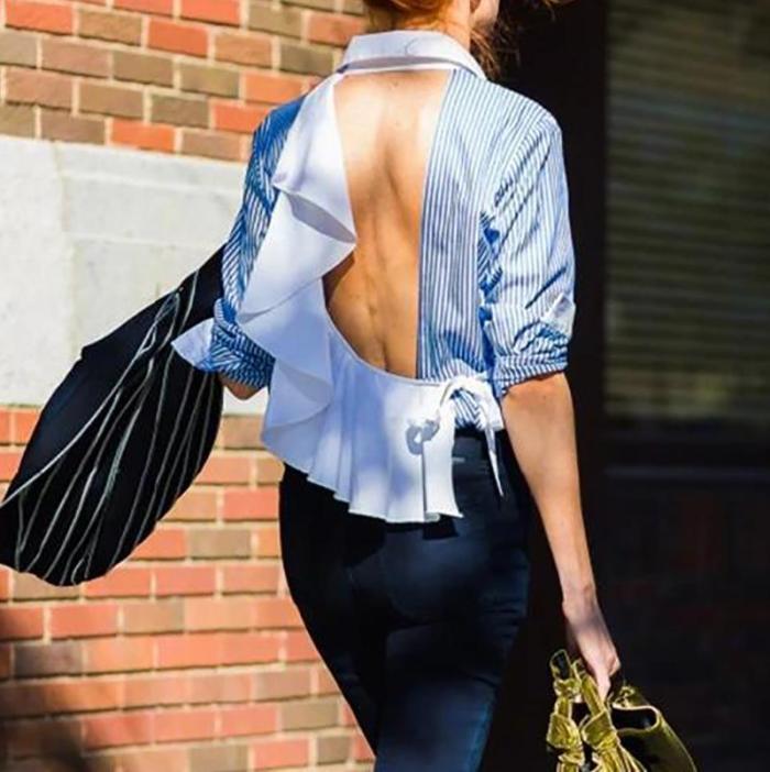 Fashion Bare Back Ruffled Striped Long Sleeve Shirt