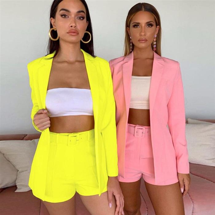 Sexy Blazer Set Women Summer Fashion Long Sleeve Cardigan Jacket +High Waist Short Pants Solid Color Casual Loose Two-piece Suit