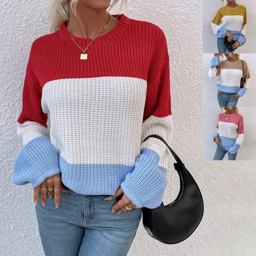 Fall/Winter New Women's Fashion 2021 Europe and America Contrasting Color Knit Sweater Lantern Sleeve Pullover cropped sweater