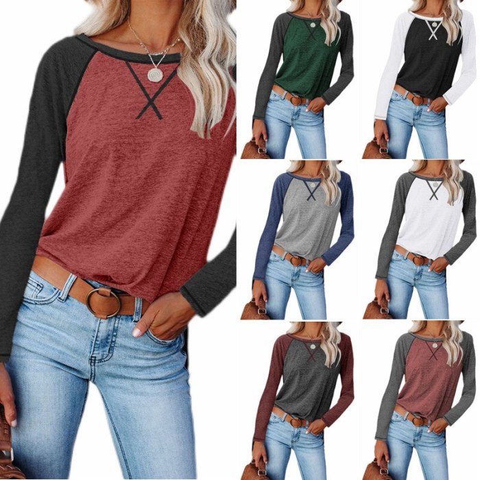 2021 autumn and winter new European and American women's round neck long-sleeved contrast T-shirt top shirt women sexy