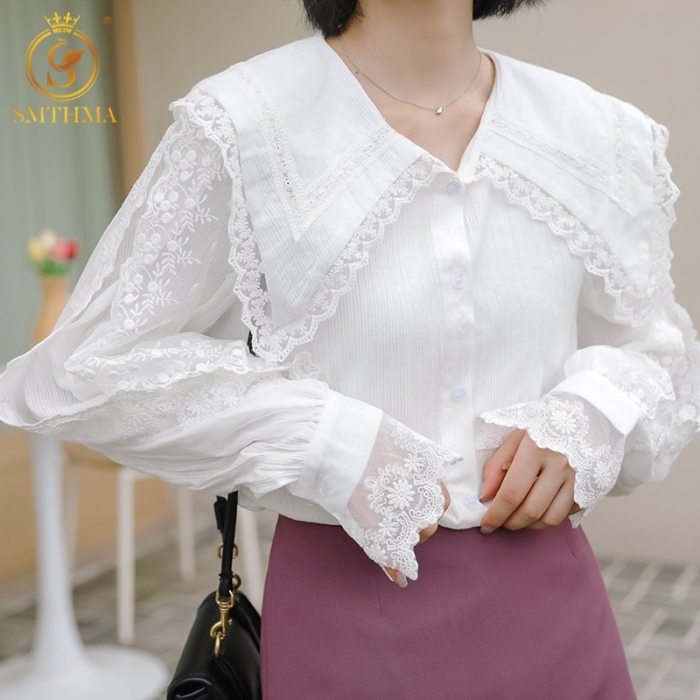 Blouse Shirts Lace Embroidery Flowers Long Sleeve Elegant Tops