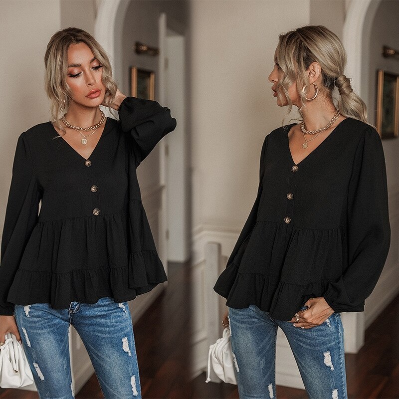 2021 Spring And Autumn New Ruffle Black Age Reducing Top Women's Small Long Sleeve Top V-neck Design Baby Shirt