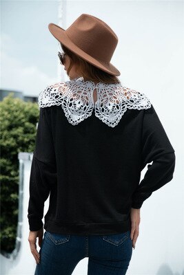 Female Black Lace Pullover Hollow Sexy Stitching Top Fashion All-match Ladies Casual Loose T-shirt Harajuku Streetwear Autumn