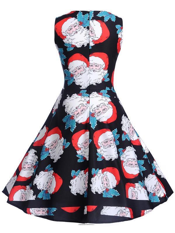 Women's Christmas Santa Claus Print Sleeveless Vintage Dress