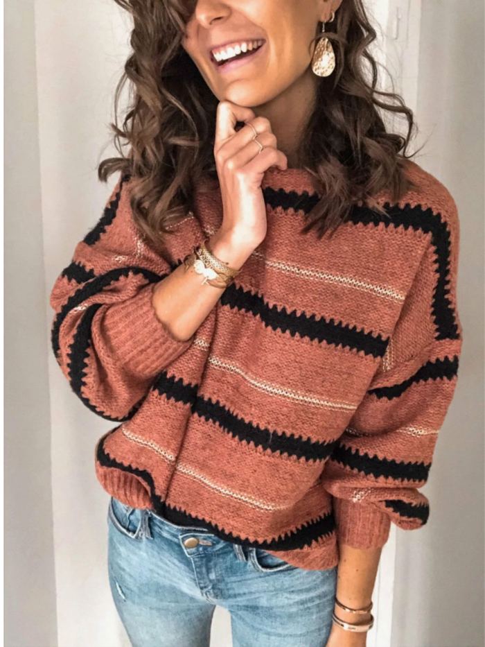 Women Long Sleeve Sweater Loose Patchwork O-neck Pullover