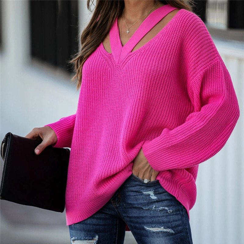 Women Knitwear V Neck Casual Pulovers Sweaters