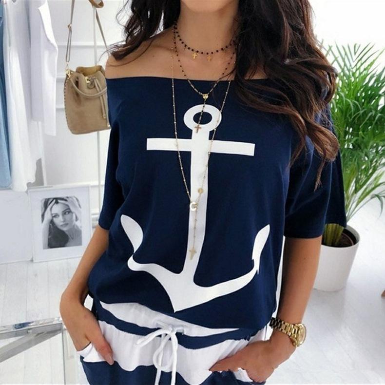 Anchor Printed Women Casual Off Shoulder Bat Sleeve T-Shirt Blouse Top