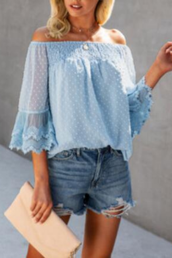 2021 Summer Shirts Fashion White Lace Women Tops Sexy Off Shoulder Backless Flare Sleeve Loose Blouses Beach Clothing Blusas