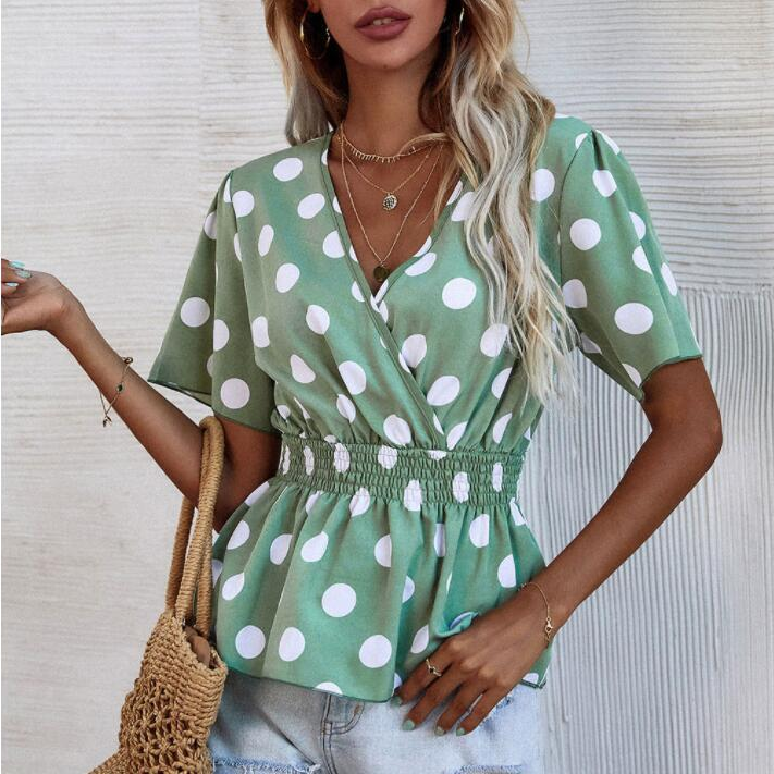 Fashion Women Summer Polka Dot Print T-Shirts for Streetwear Shrinkage Design V-Neck Short Sleeve Elastic Mid Waist Slim Top