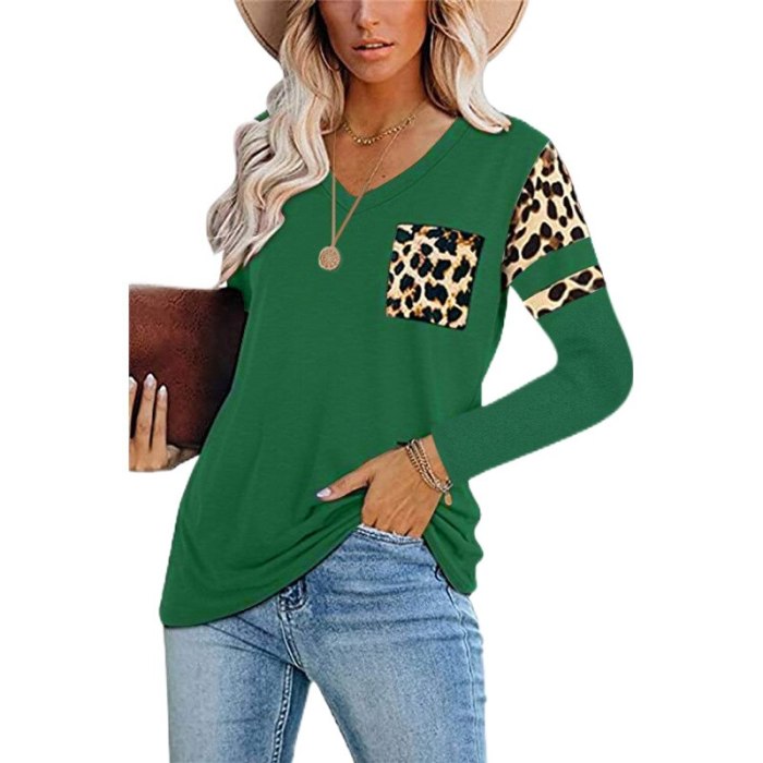 2021 New Arrival Women Fashion Splice Leopard Printing Long Sleeve T-Shirts Casual Loose V-Neck Pullover Cotton T-Shirt Clothing
