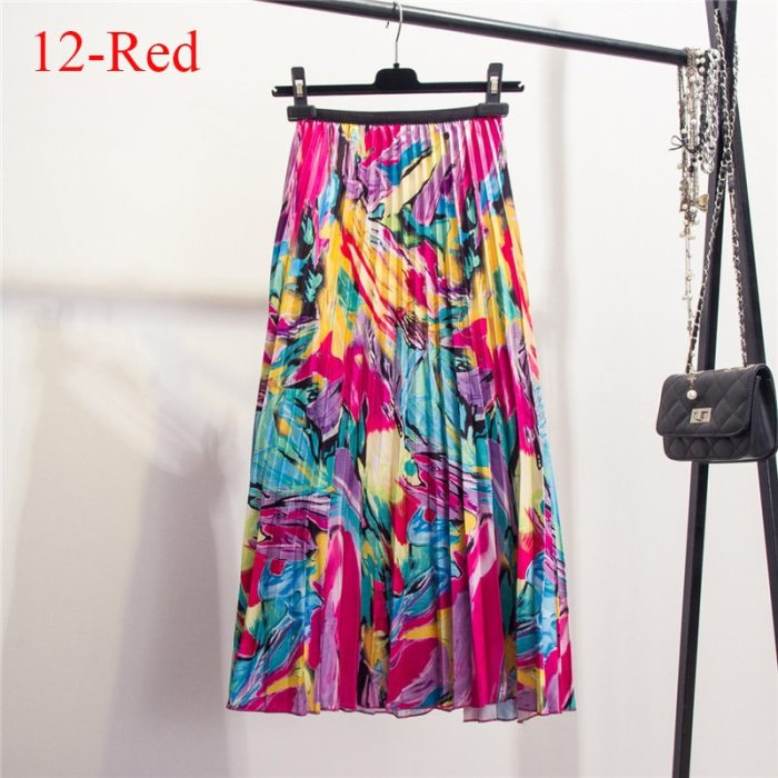 2021 New Printing High Waist Pleated Skirt Women Spring Summer Midi Skirts Womens Elastic Waist A Line Long Skirts For Women Rok