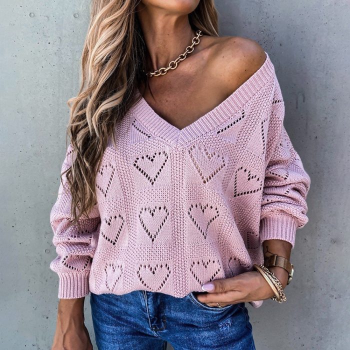 Women's V neck Knitted Jumper Pullover Hollow Out Sweater