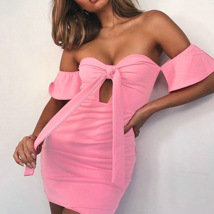 Sexy Off-The-Shoulder Solid Color Slim Bodycon Dress