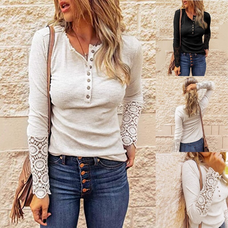 #S0 Lace Patchwork Long Sleeve T Shirt Women Tunic Front Button Tshirt Spring Summer T-Shirt Casual Slim Tops Tee Shirt Femme