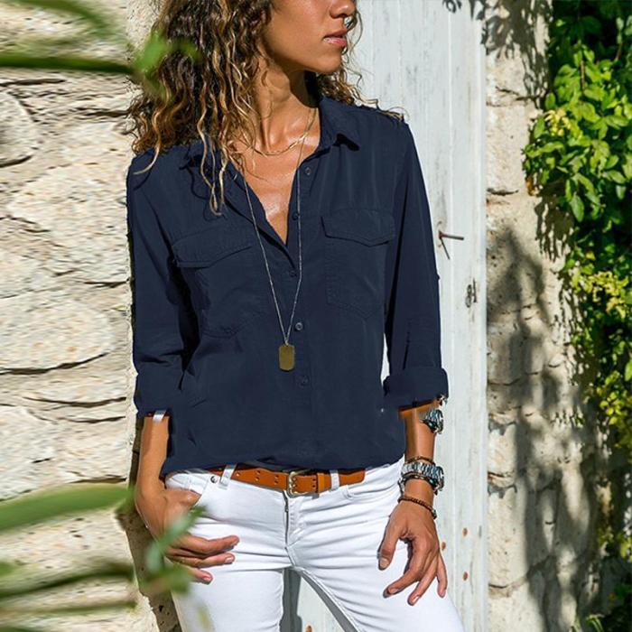 Casual Long Sleeve Plain Button Pocket Blouses