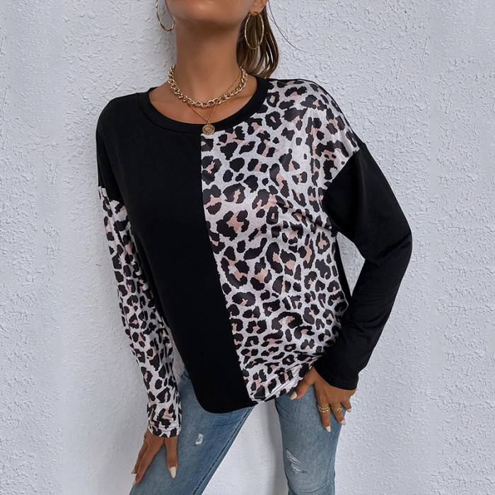Full Sleeve Tee Shirt Femme 2021 Summer Clothes For Women Leopard Print Patchwork Tshirt Ladies Tops Casual Wear