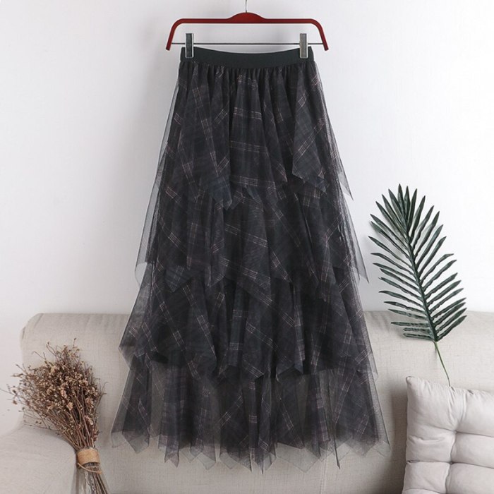 Spring Cakee Blue Plaid Patchwork Retro Long Tulle Skirts High Low Irregular Check Maxi Long Mesh Skirts