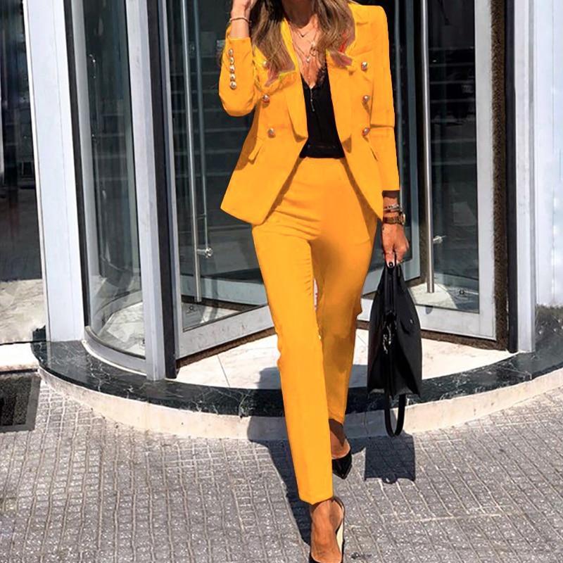 Spring Elegant Blazers Two Piece Set Women Casual Notched Long Sleeve Blazers Coat+Pencil Pant Office Business Tracksuit Outfits