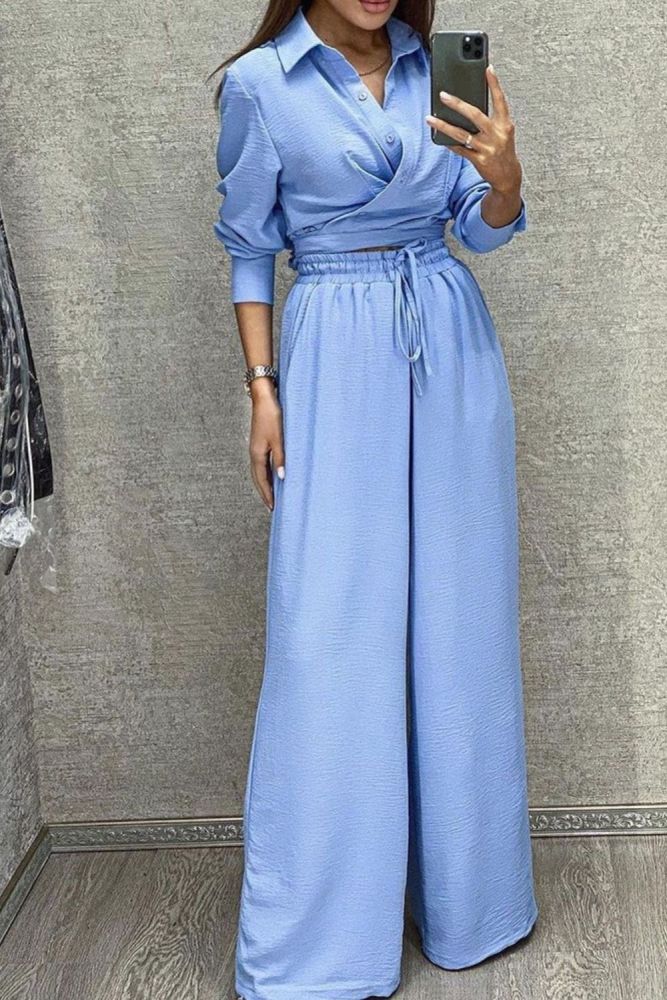 2021 Elegant Solid Lapel Button Down Shirts + Wide Leg Pant Outfit Office Lady Fashion Long Sleeved Homewear Solid Two Piece Set