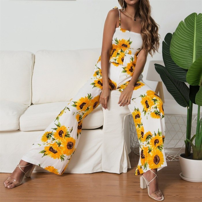 2021 Female New Product Sunflower Print Tie Jumpsuit Sexy Off Shoulder Sleeveless Holiday Style Rompers Women Backless Overalls