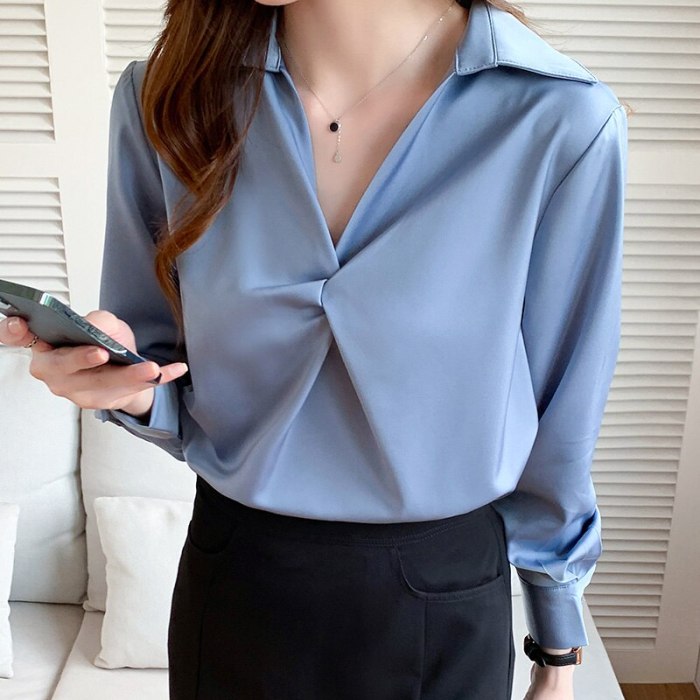 Spring Autumn Korean 2021 Fashion Womens Tops and Blouses Women Blouses Long Sleeve Folds Solid Office Lady Shirts Ladies Tops