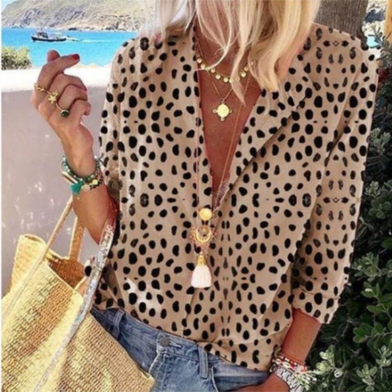 Sexy Women V Neck Dot Print Shirts Three Quarter Sleeve Casual Tops Female Fashion Autumn Spring Office Lady Shirt Plus Size