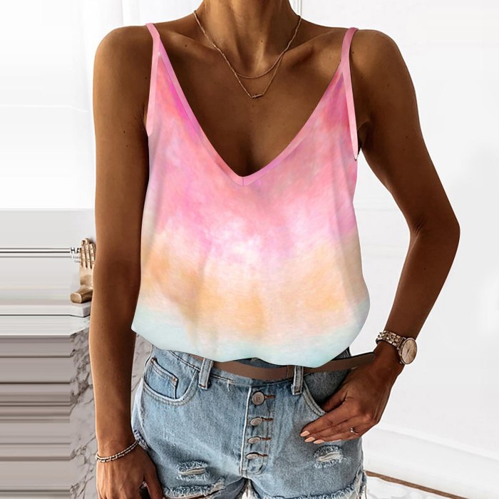 Womens Fashion Camisole Tie-Dye Loose Fit V Neck Sleeveless Color Block Camis Vest Stitching Tops Women Summer Camisole 2021