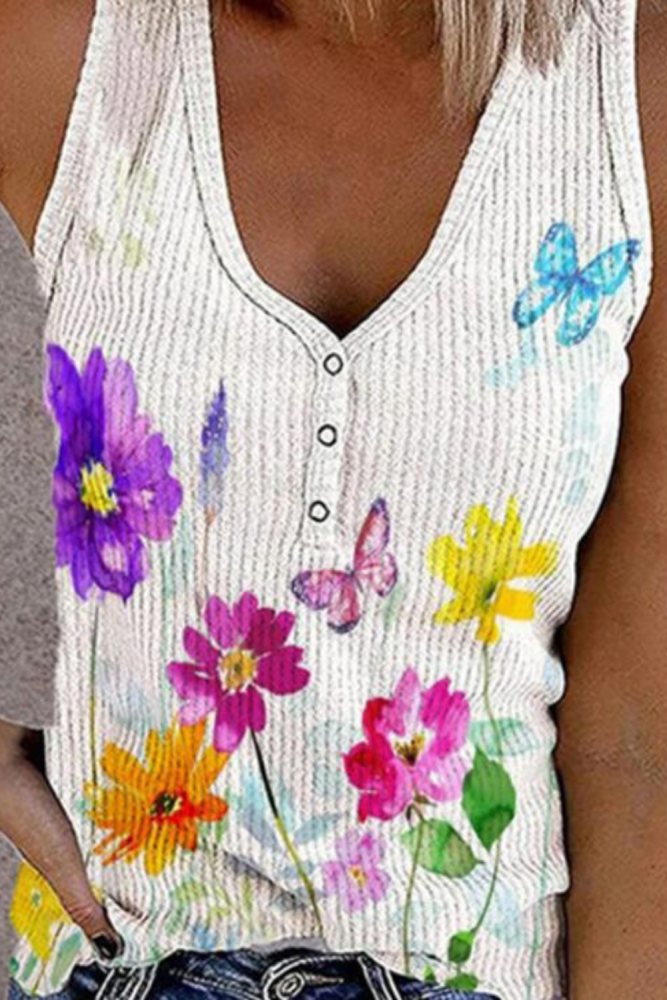 2021 Summer Flower Butterfly Print Tank Top Fashion Sleeveless V Neck Button Tee Shirt Women Casual Loose Plus Size Vest T-Shirt