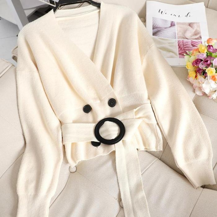 streetally Chic double-breasted knit cardigan women 2020 autumn winter long sleeve solid Retro v-neck belt sweater female office