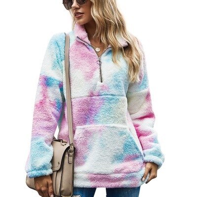 2021 Women Coat Patchwork Tie Dyed Sweatshirts Winter Front Packet Leopard Print Stand Collar Long Sleeve Loose Pullovers