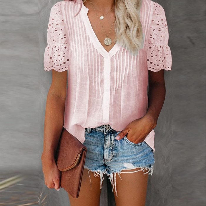 Summer Solid Color V-neck Pleated Lace Stitching Short-sleeved Shirt Casual Elegant Chiffon Shirt 6 Colors Plus Size S-5XL