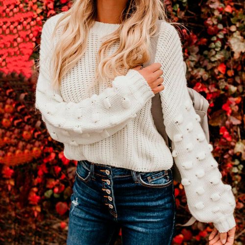 Puff Sleeve Sweater Knitted Women O-neck Loose Casual Ladies Sweaters 2021 Autumn Warm Korean Fashion Crop Top Ladies Pullover