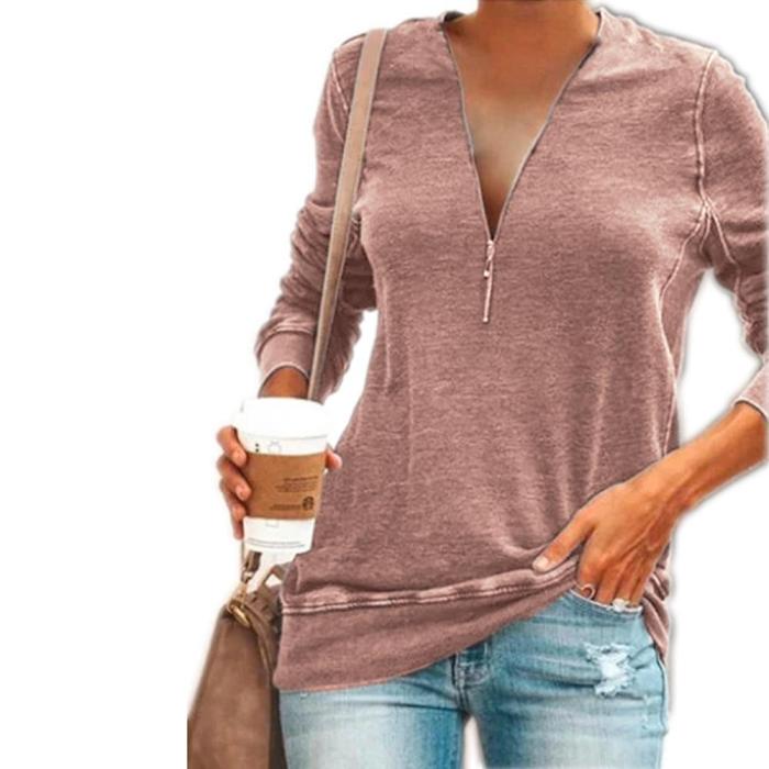 Plus Size Tshirts Women Sexy V-Neck Solid T-shirt Long Sleeve Half Zipper Casual Thick Pullover Tops XS-5XL Autumn Clothing 2020