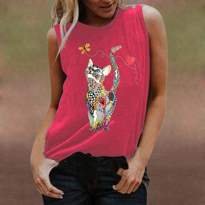 Women's Sleeveless Cat Print Tank Top Loose Casual Street T-shirt Sports Running Unisex Top Fashion Street Trendy Pullover Vest