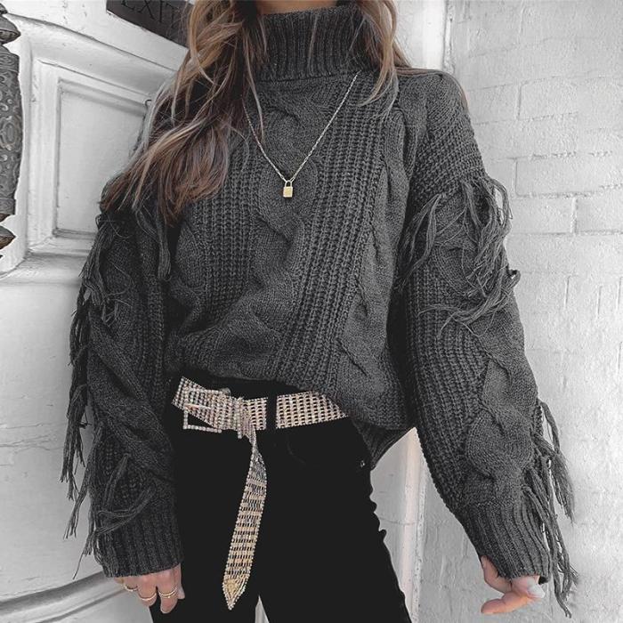 streetally Casual tassel knitted sweater women Autumn winter oversized pullover sweater female Warm O neck jumper Sexy outerwear