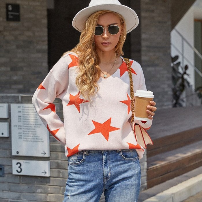 Elegant fashion top women sweaters 2021 autumn new V-neck long-sleeved five-pointed star fine wool casual sweater woman pullover