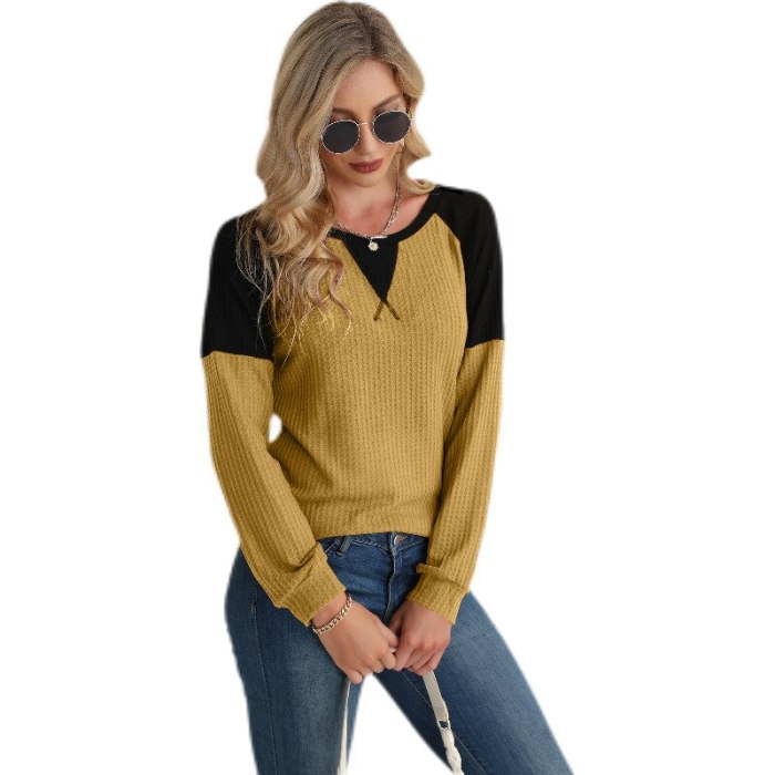2021 Spring and Autumn Knitted Pullover Top Round Neck Stitching Long-sleeved Sweater England Style Women's Fashion Clothing