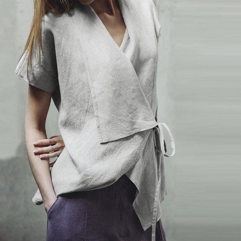 Summer Vintage Women Blouse Cotton Linen Blouses Solid Color V Neck Short Sleeves Sashes Irregular Hem Casual Tops