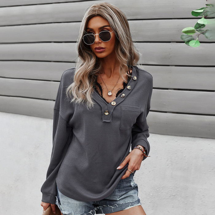 Womens Sweatshirts Button Korean V-neck Knitted Pullovers Thick Autumn Winter Loose Hoodies