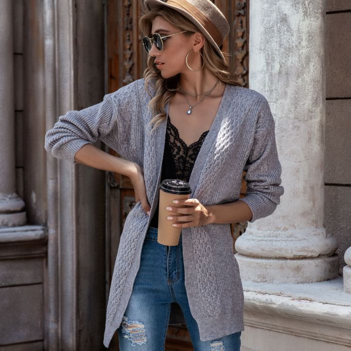 Women's Solid Color Knitted Cardigan Long Sleeve Mid-length Sweater Women 2021 Loose Casual Knit Coat