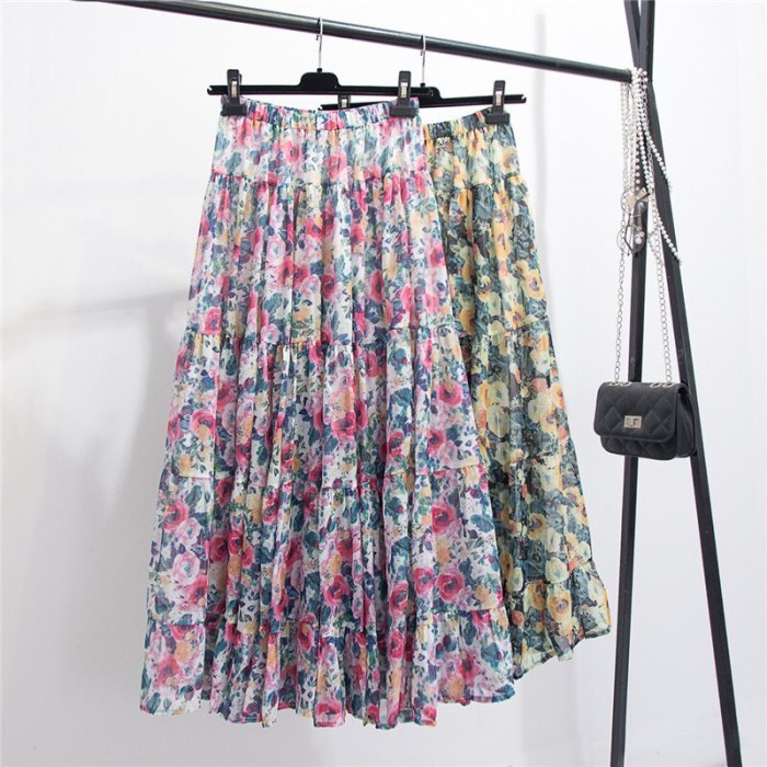 Summer Sweet Bright Floral Printed Boho Maxi Long Chiffon Skirts Patchwork Flared A-line Casual Beach Chiffon Ankle Long Skirts